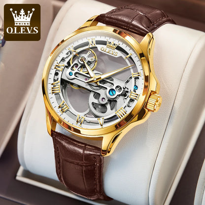 Olevs Hollow Automatic Leather Strap with Luminous Hand Wrist Watch