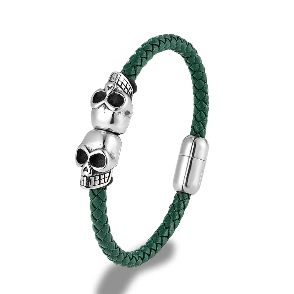 Black Braided Leather Skull Bangle Bracelet