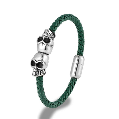 Black Braided Leather Skull Bangle Bracelet