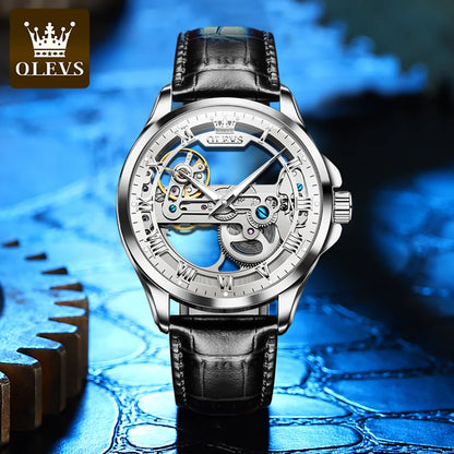 Olevs Hollow Automatic Leather Strap with Luminous Hand Wrist Watch
