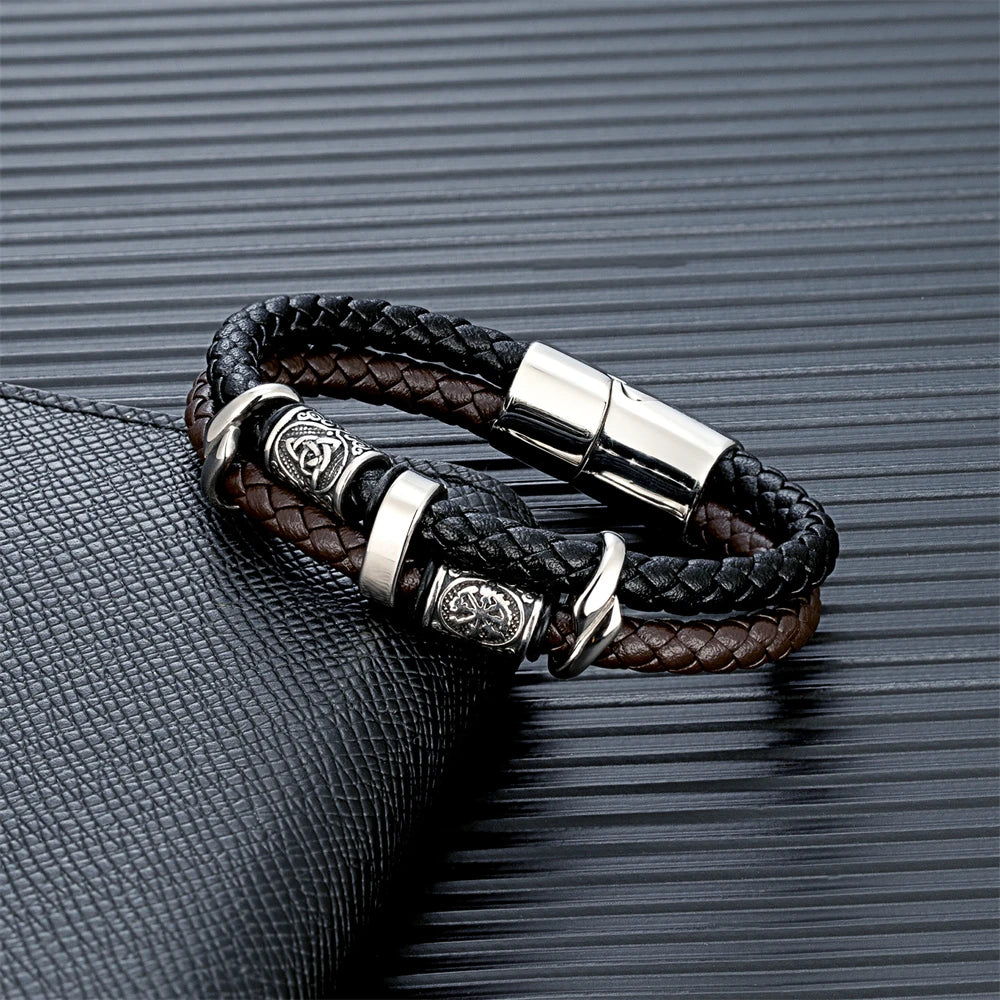 Vintage Vikings Compass Multilayer Leather Valknut Bangle Scandinavian Bracelet
