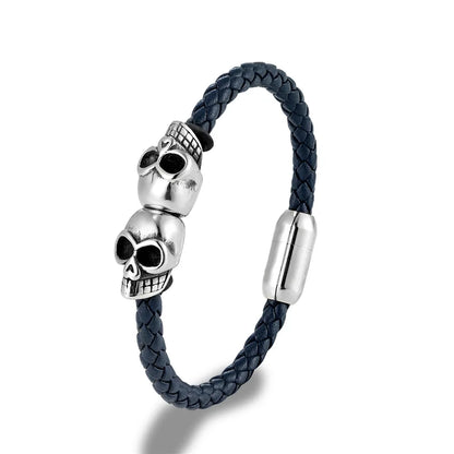 Black Braided Leather Skull Bangle Bracelet