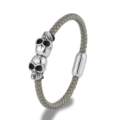 Black Braided Leather Skull Bangle Bracelet