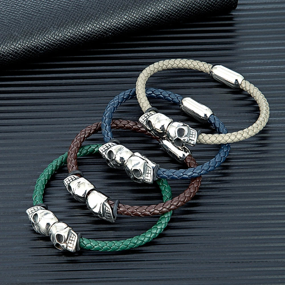 Black Braided Leather Skull Bangle Bracelet