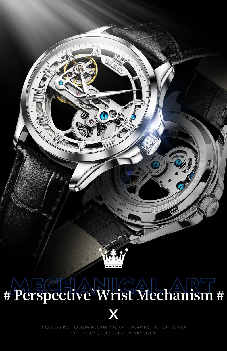 Olevs Hollow Automatic Leather Strap with Luminous Hand Wrist Watch