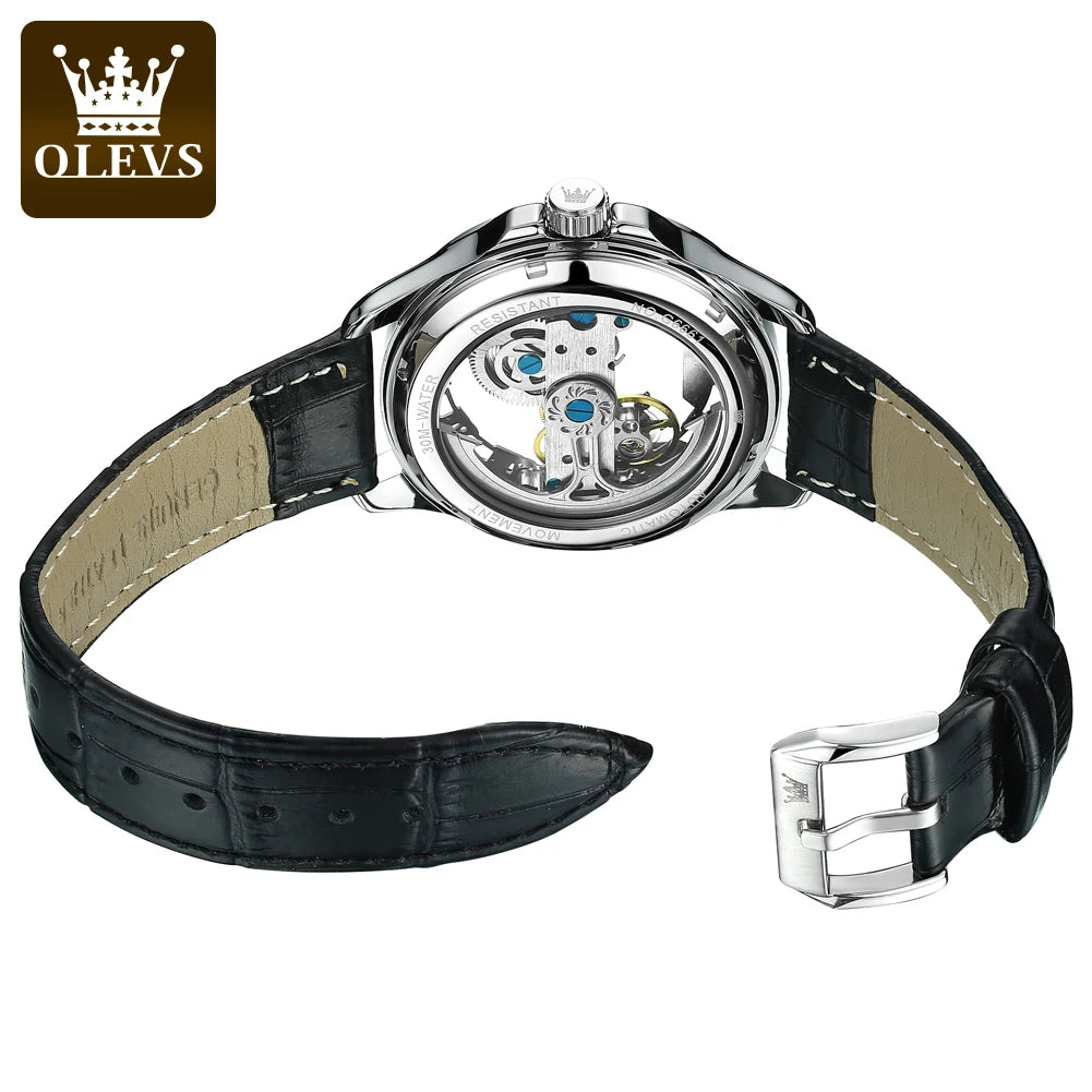 Olevs Hollow Automatic Leather Strap with Luminous Hand Wrist Watch