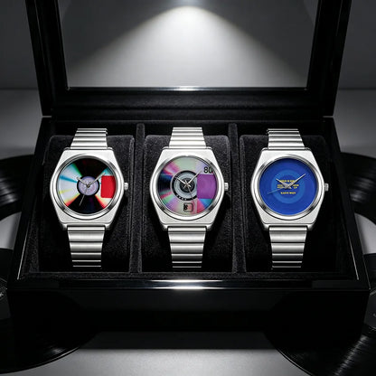 Retro Record Dial Quartz Watch for Men Y2K Style Waterproof Luminous Steel Disc Creative Male Clock