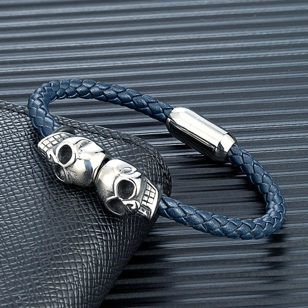 Black Braided Leather Skull Bangle Bracelet