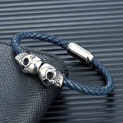 Black Braided Leather Skull Bangle Bracelet