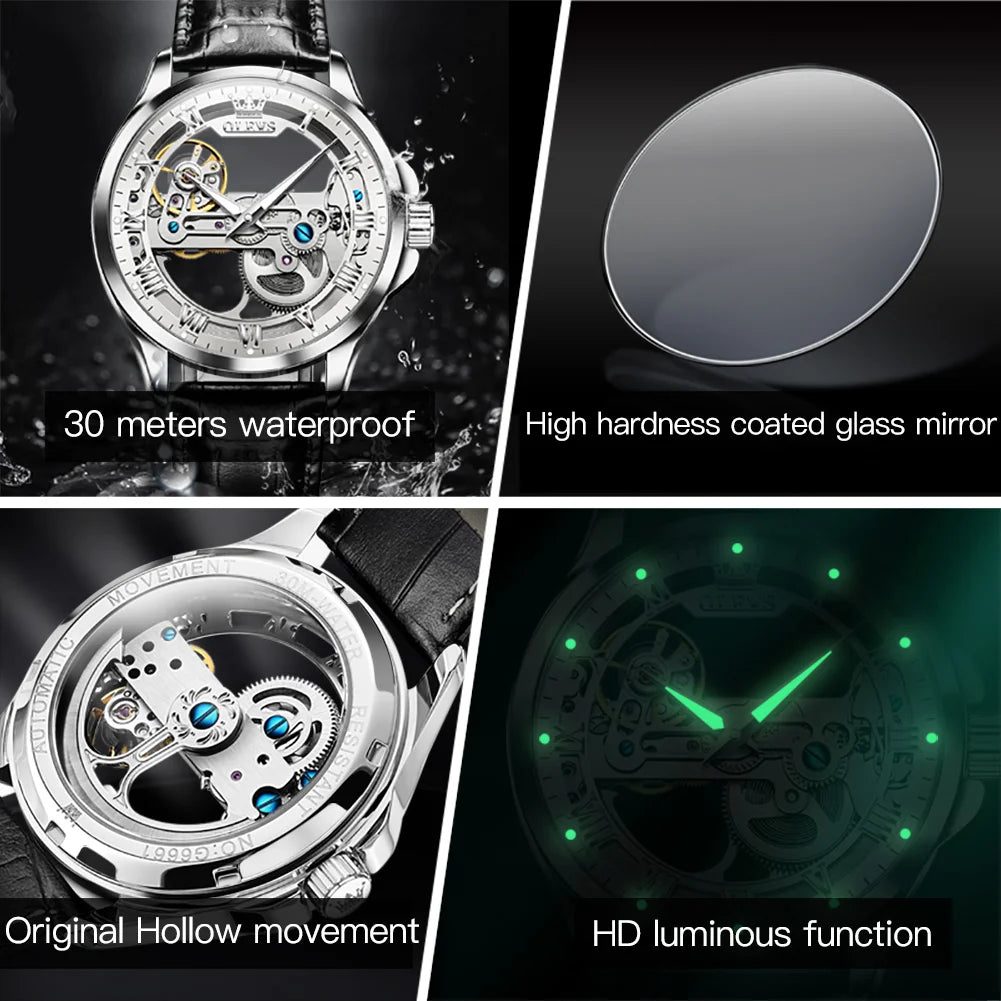 Olevs Hollow Automatic Leather Strap with Luminous Hand Wrist Watch