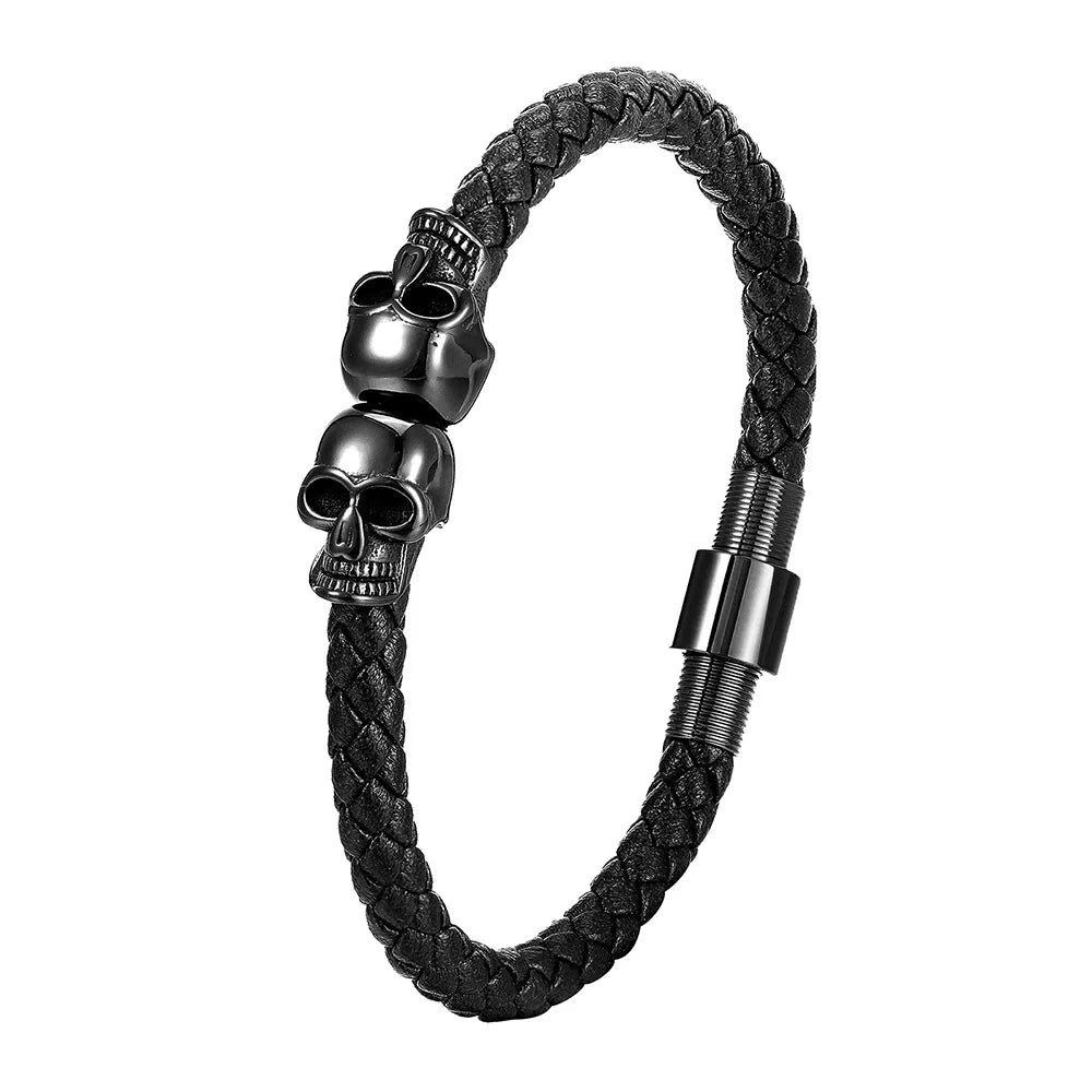 Black Braided Leather Skull Bangle Bracelet