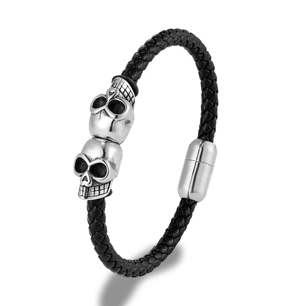 Black Braided Leather Skull Bangle Bracelet
