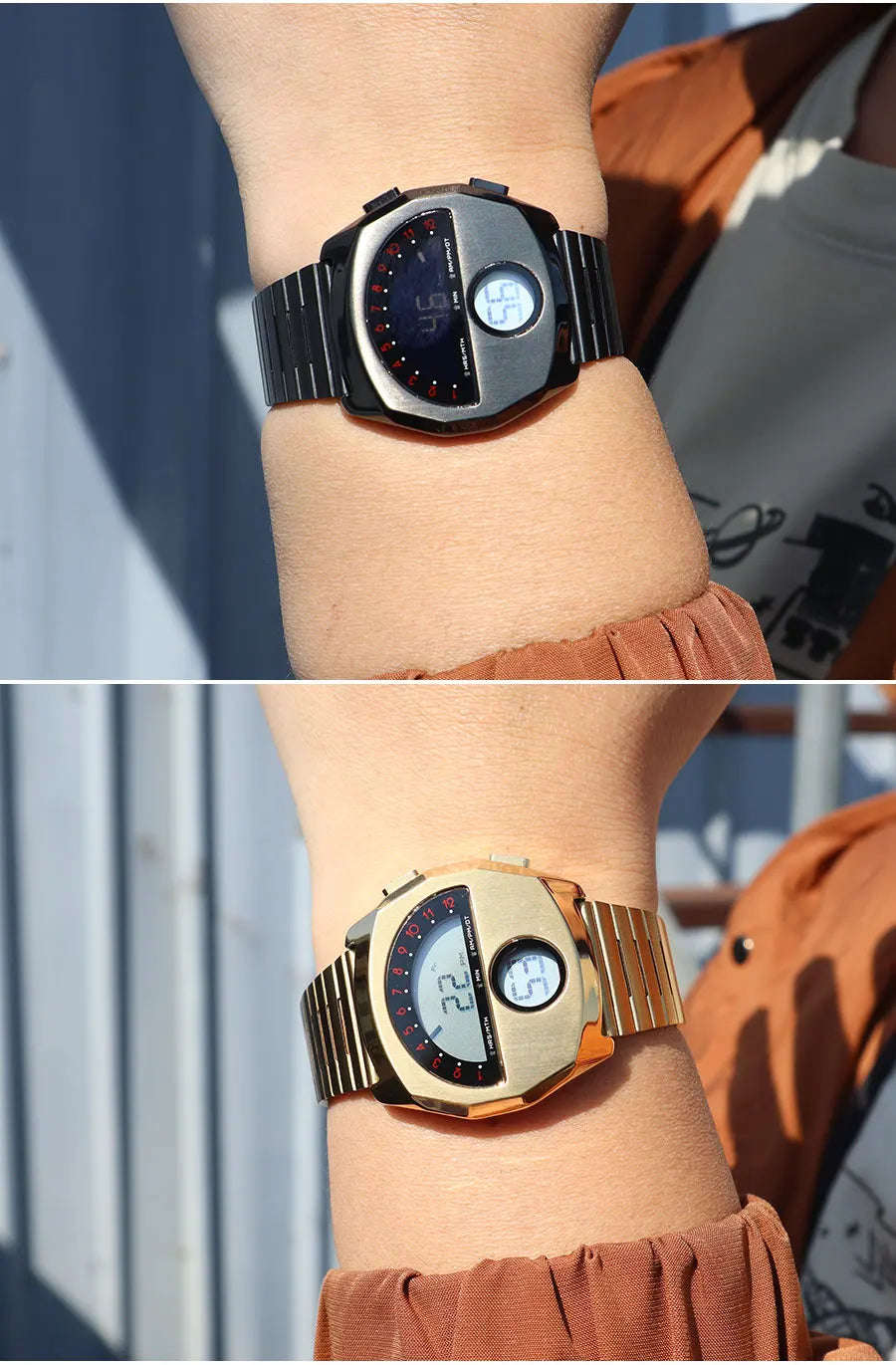 Retro Futuristic Stainless Steel Digital Wristwatch