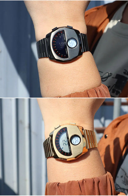 Retro Futuristic Stainless Steel Digital Wristwatch