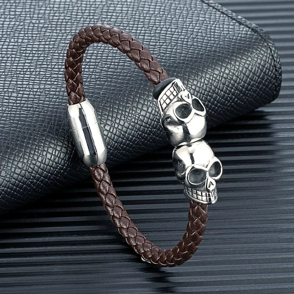 Black Braided Leather Skull Bangle Bracelet