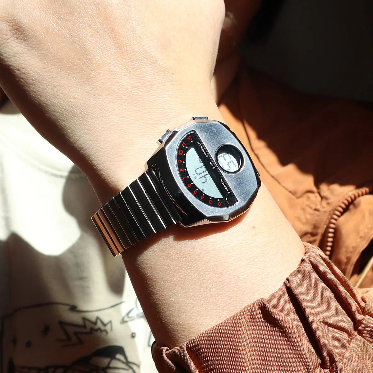 Retro Futuristic Stainless Steel Digital Wristwatch