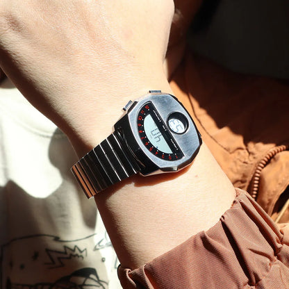 Retro Futuristic Stainless Steel Digital Wristwatch