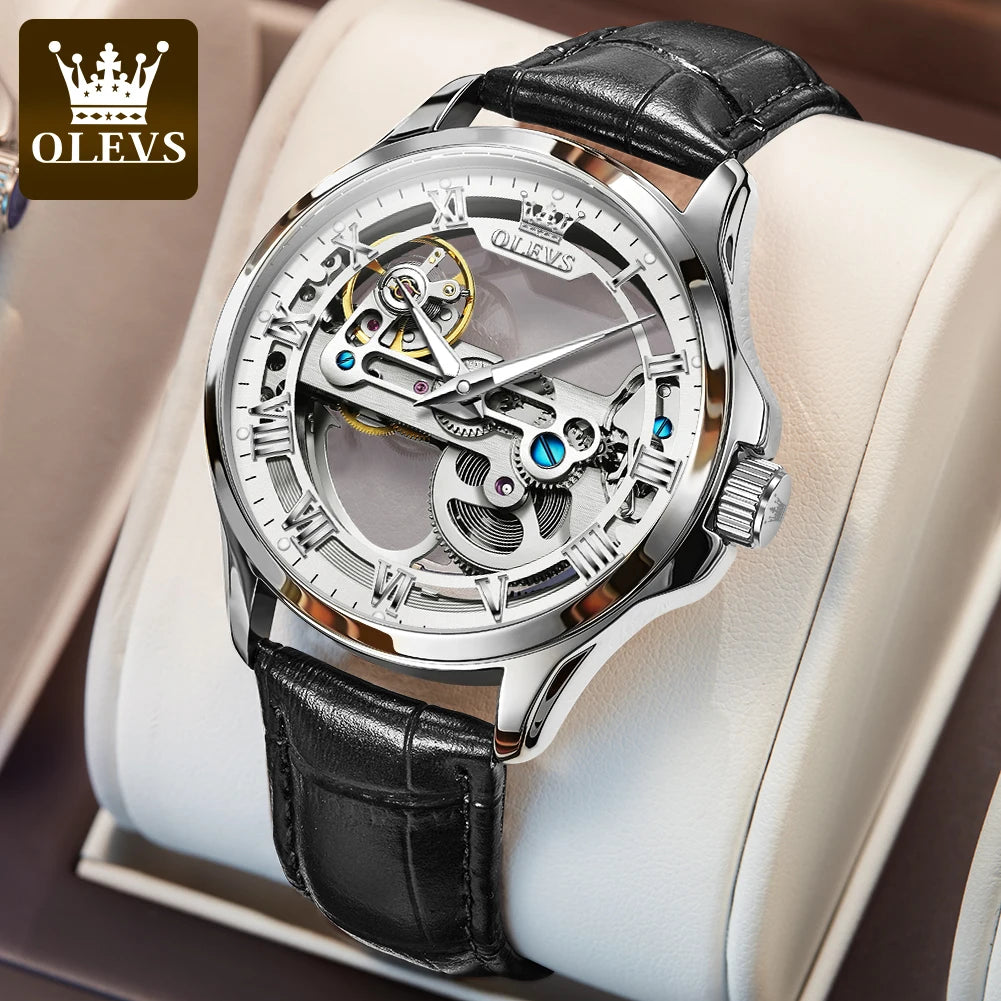 Olevs Hollow Automatic Leather Strap with Luminous Hand Wrist Watch