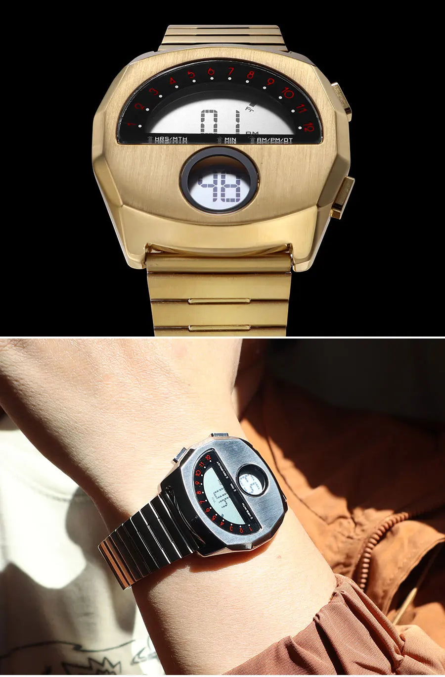 Retro Futuristic Stainless Steel Digital Wristwatch