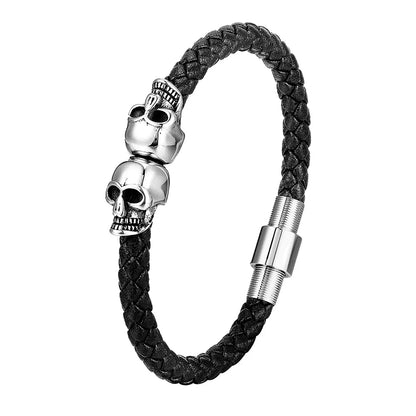 Black Braided Leather Skull Bangle Bracelet