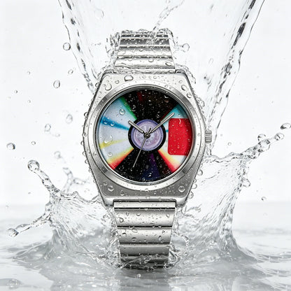 Retro Record Dial Quartz Watch for Men Y2K Style Waterproof Luminous Steel Disc Creative Male Clock