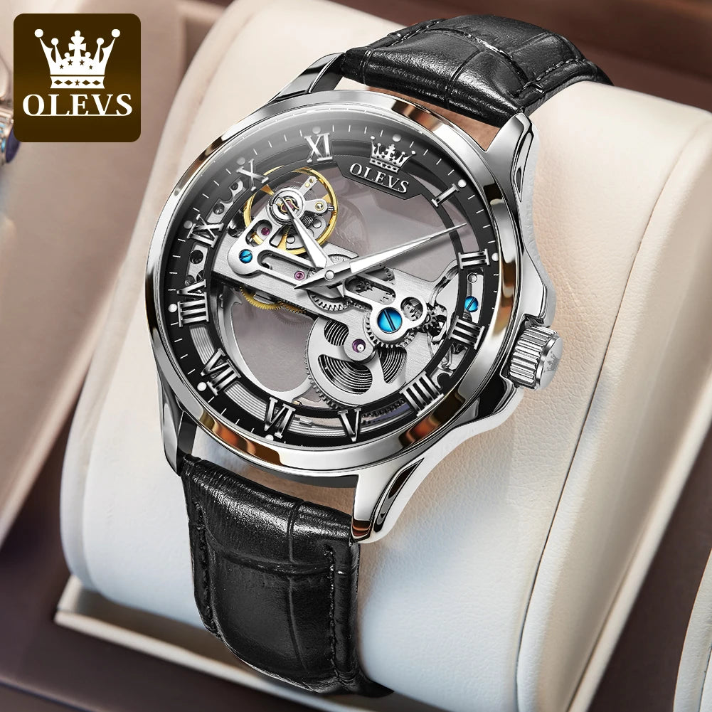 Olevs Hollow Automatic Leather Strap with Luminous Hand Wrist Watch