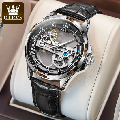 Olevs Hollow Automatic Leather Strap with Luminous Hand Wrist Watch