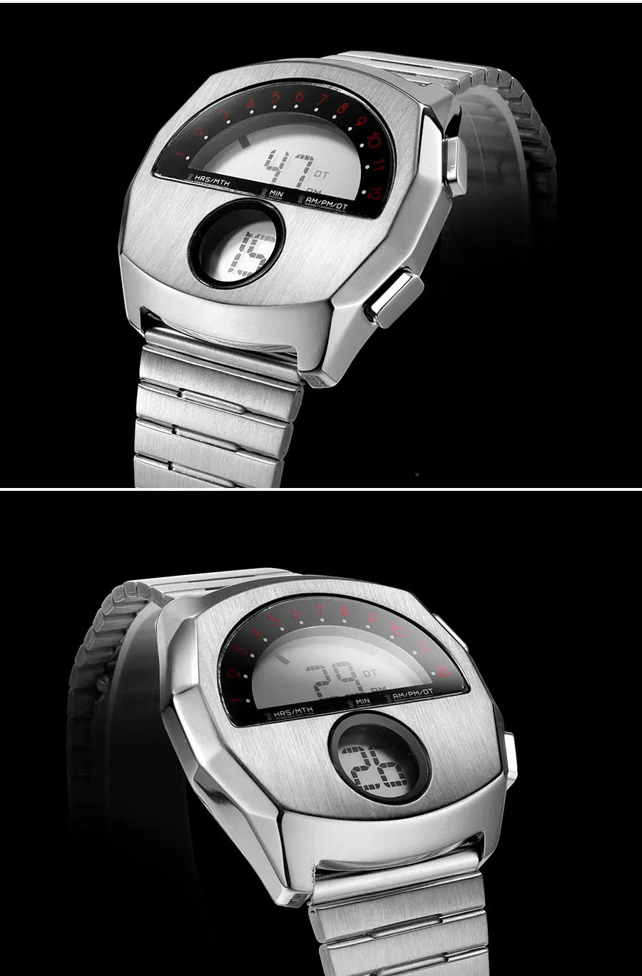 Retro Futuristic Stainless Steel Digital Wristwatch