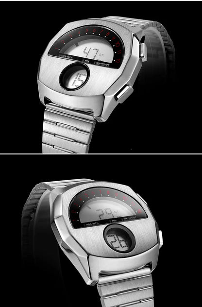 Retro Futuristic Stainless Steel Digital Wristwatch