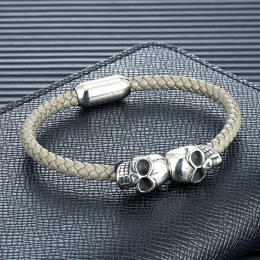 Black Braided Leather Skull Bangle Bracelet