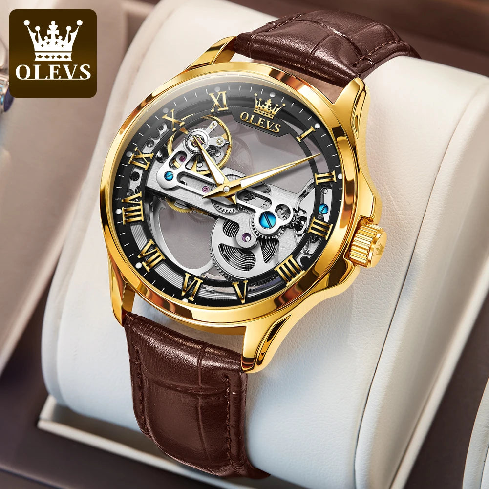Olevs Hollow Automatic Leather Strap with Luminous Hand Wrist Watch