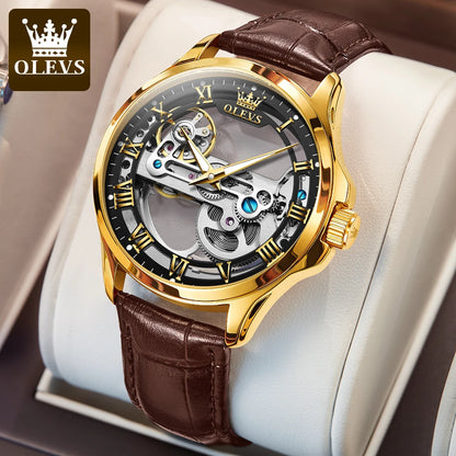 Olevs Hollow Automatic Leather Strap with Luminous Hand Wrist Watch