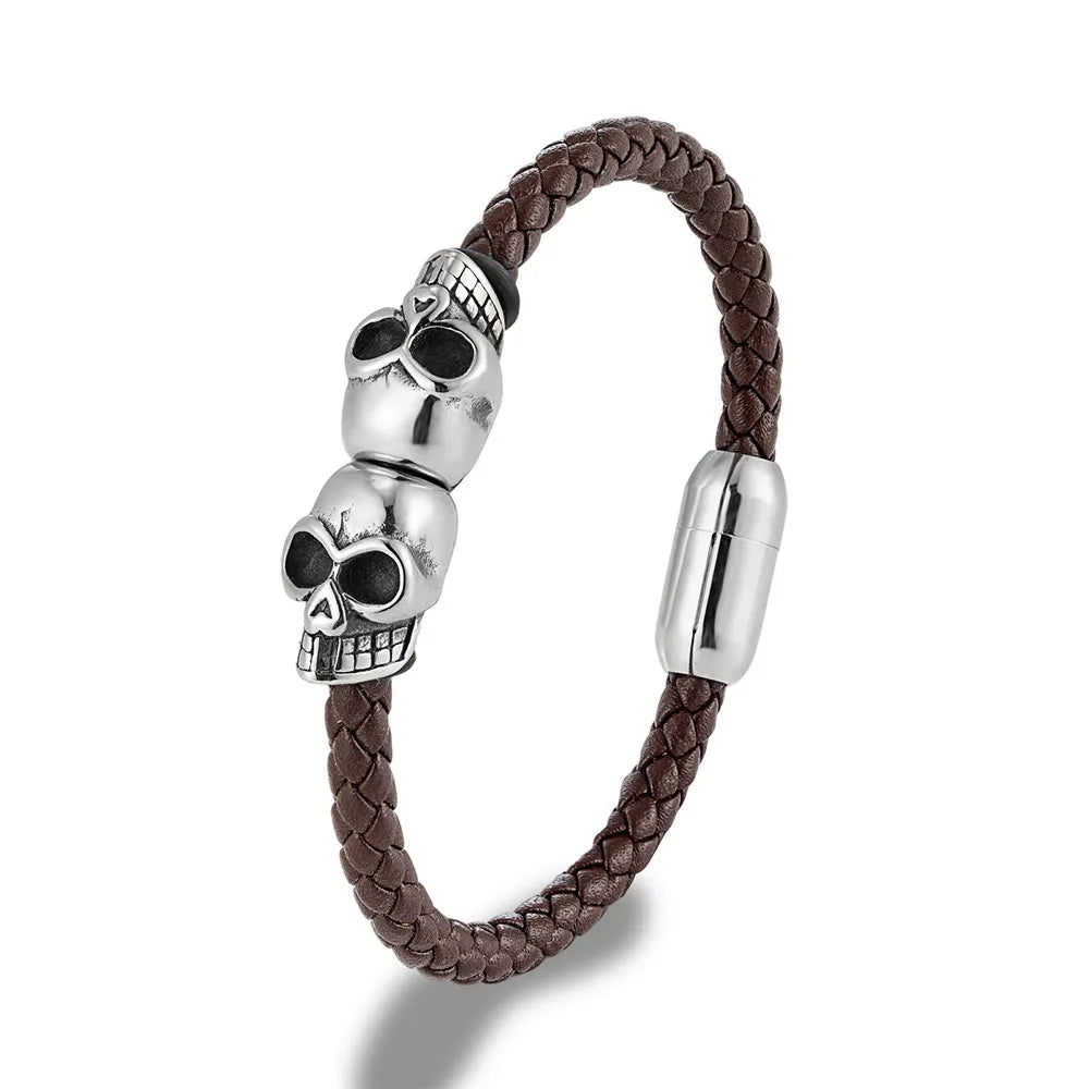 Black Braided Leather Skull Bangle Bracelet