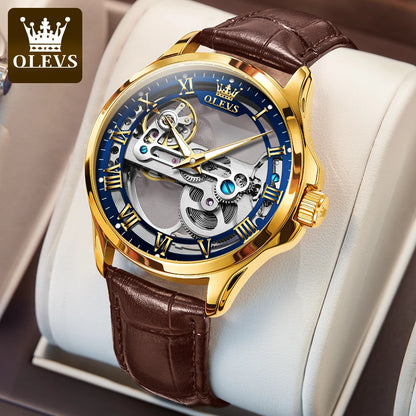 Olevs Hollow Automatic Leather Strap with Luminous Hand Wrist Watch