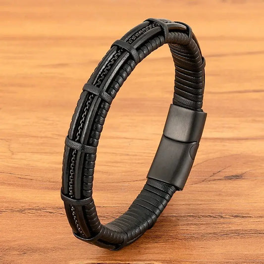 XQNI Stainless Steel Leather Bracelet Charm Jewelry Magnetic Clasp