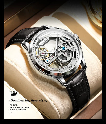Olevs Hollow Automatic Leather Strap with Luminous Hand Wrist Watch