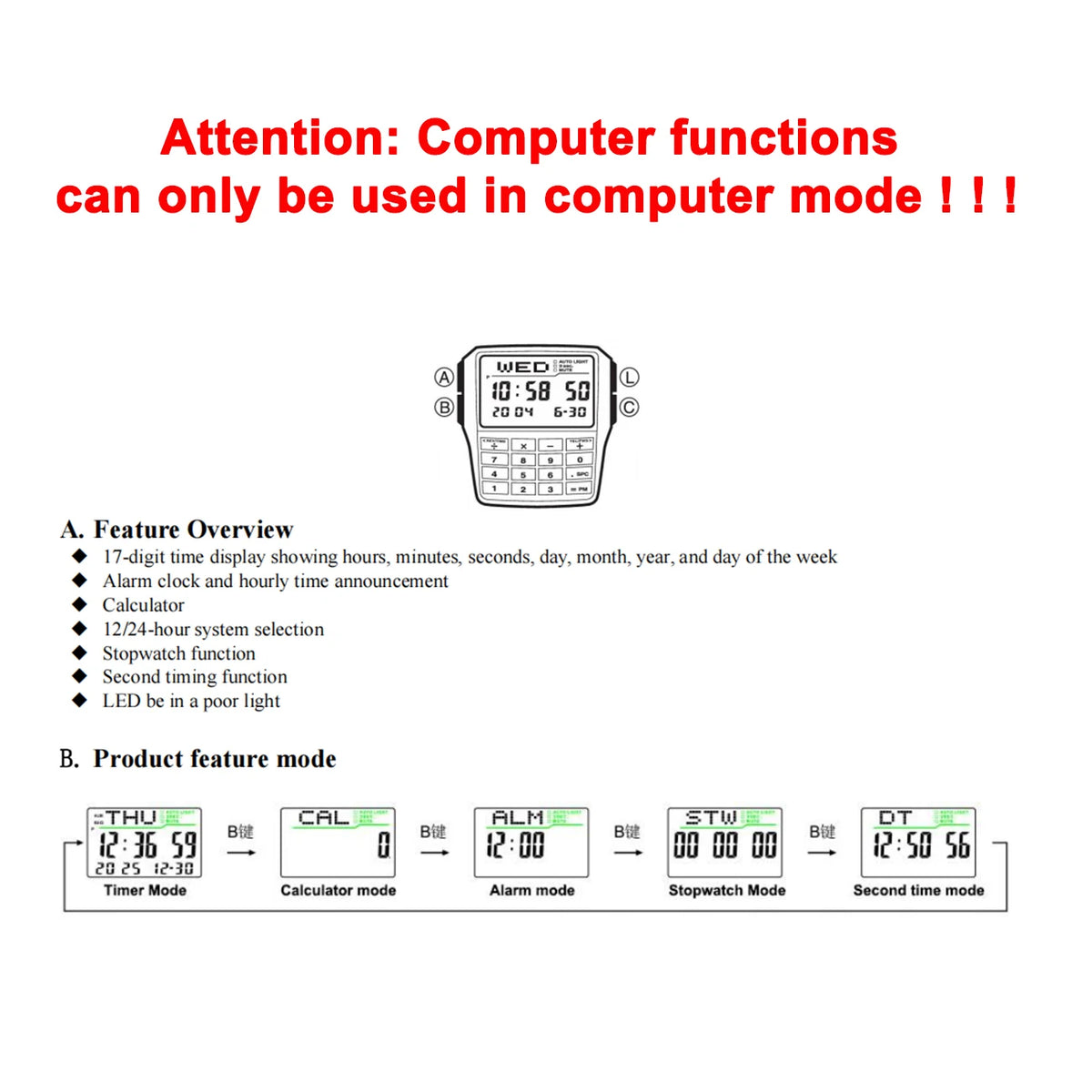 Digital Square Retro Student Calculator Multi Functional LED Night Light Electronic Digital Watch